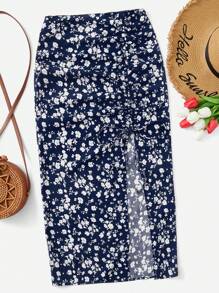 SHEIN VCAY Plus Size Women's Ditsy Floral Drawstring Waist Slit Hem Long Skirt For Vacation