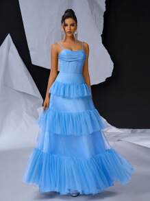 SHEIN Belle Chi tiết xương, Váy xếp tầng bằng vải tuyn xếp tầng cho váy dạ hội trang trọng dành cho nữ (Phiên bản nặng) Váy dạ hội trang trọng cho nữ - Màu xanh lam - Xem 5