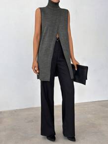 EURMUSE Damen Frenchy Style langer ärmelloser Pullover-Weste mit Schlitzdetails