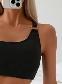 SHEIN Swim 女士纯色单肩比基尼套装带圆形连接器，性感比基尼套装适合夏季海滩 - 黑色 - 查看 5