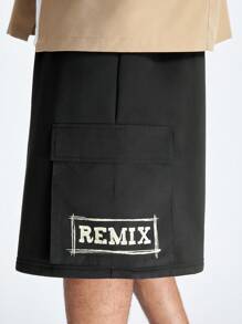 Manfinity RebelGame Men's Drawstring Waist Loose Fit Letter Printed Cargo Shorts With Pockets - Black - View 7