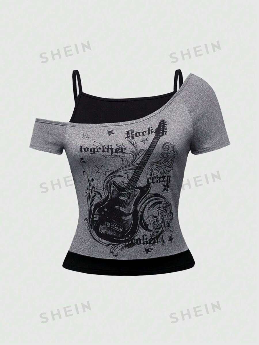 ROMWE Grunge Punk Camiseta oversize de mujer con bloque de color, estampado de guitarra grunge y música rock para festivales, escuela