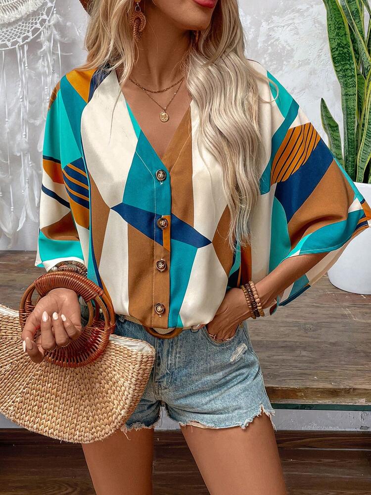Women's V-Neck Asymmetrical Print Fashionable Rhombus Button Batwing Sleeve Top