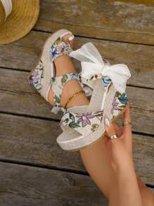 Sandálias Anabela de Plataforma Femininas, Sandálias Femininas de Tira Grossa com Bico Aberto, Sandálias Flatform à Prova d'Água com Estampa Floral, Sandálias Flatform de Bico Fechado Verão Novo - Multicolorido - Visão 2
