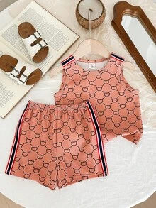 SHEIN Unisex Baby Cute Bear Printed Tank Top And Shorts Set, Summer - Brown - View 3