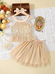 SHEIN Young Girl 2pcs  & Elegant Camisole Top With Pearl Adorned Mesh Hem + Asymmetrical  Tulle Hem Satin Ribbon Butterfly Skirt Set - Apricot - View 2