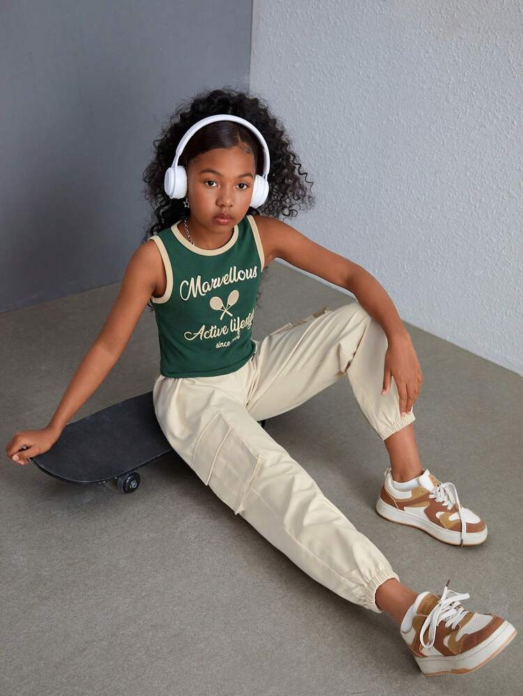 Tween Girl Spring/Summer Knitted Round Neck Sleeveless Top & Woven Solid Color Jogger Pants Set