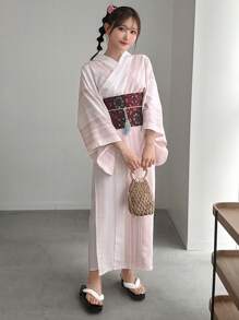 FRIFUL Japanese Style Striped & Printed Yukata With Woven Obi Belt And Tassel Waistband Set, Upgraded Version