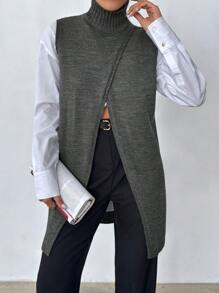 EURMUSE Damen Frenchy Style langer ärmelloser Pullover-Weste mit Schlitzdetails