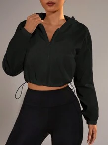 Easithlete Áo gió ngắn có mũ trùm đầu có khóa kéo có dây rút viền để chống nắng khi mặc áo khoác tập luyện thể thao - màu đen - Xem 4