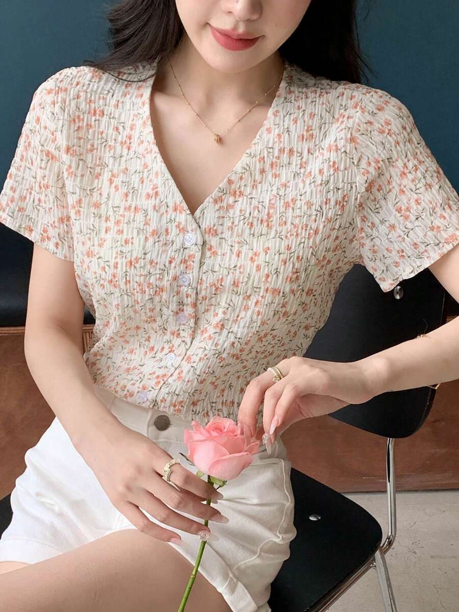 DAZY 女式小碎花短袖度假襯衫 - 粉色 - 查看 1
