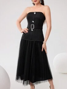 Modelyn 女性純色鑲嵌鑽石裝飾圓管頂和網紗裙套裝 - 黑色 - 查看 6