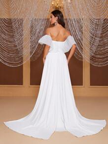 YISIKADO Off Shoulder Ruffle Trim Overlay Wedding Dress - White - View 2