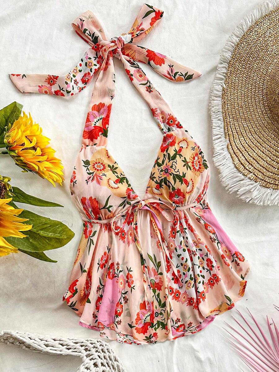 Soleia 度假浪漫印花露背交叉绑带不对称下摆花朵装饰吊带背心，适合下午茶聚会，可内穿或外穿，返校季女装 - 彩色 - 查看 1