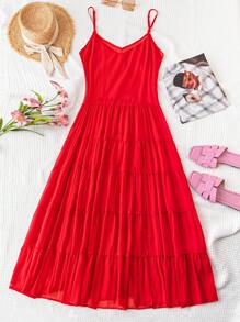 Soleia Summer Women's Holiday Red V-Neck High Slit Multi-Layer Cake Splice Loose Dress With Wide Straps For Seaside Vacation Or Graduation - Red - View 1