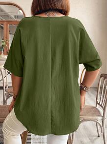 Plus Size Vacation/Casual Solid Color Batwing Sleeve Shirt - Olive Green - View 2