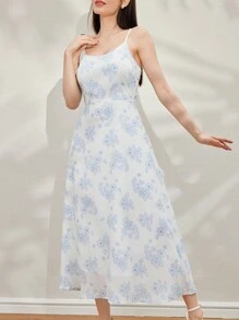 Modelyn 女性優雅花卉全印花收腰細肩帶連衣裙和長袖背心套裝，夏季 - 藍白色 - 查看 7