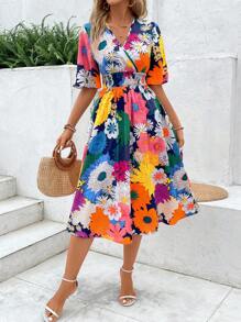 Breezaya Women's Vacation Style Shirred Printed Dress Maxi Vacation Beach Outfit - Multicolor - View 3