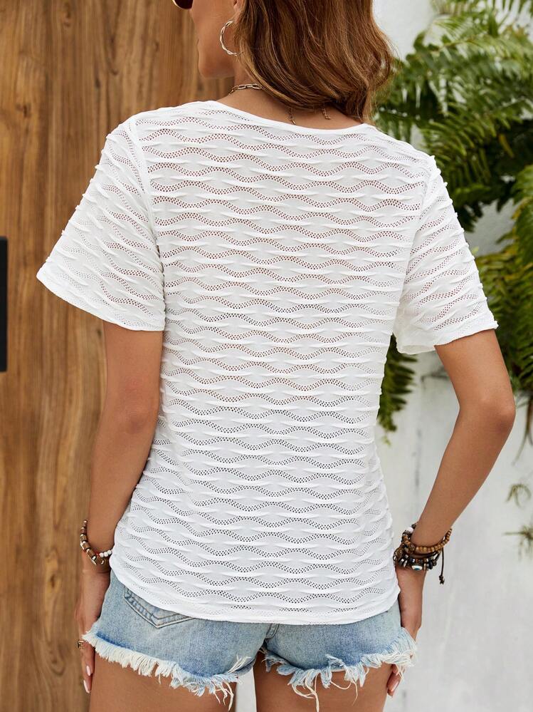 Chiquease 女士夏季純色V領短袖休閒T恤 - 白色 - 查看 2