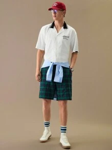 Manfinity NXTstreet Camisa de manga corta y holgada para hombre con estampado en inglés con marca de agua, adecuada para el verano, vuelta al colegio - Blanco - Ver 6