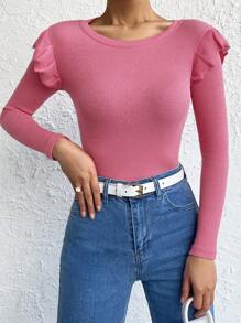 Cottnline Camiseta ribete con fruncido tejido de canalé - Rosa - Ver 3