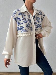 EURMUSE 100%Cotton Open Placket Blouse With Tassels And Tribe Print - Beige - View 7