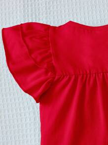 SHEIN Tween Girl Cute Tiered Frill Cap Sleeve T-Shirt With Round Neckline - Red - View 3