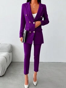 EURMUSE Double Breasted Blazer & Belted Pants - Purple - View 5