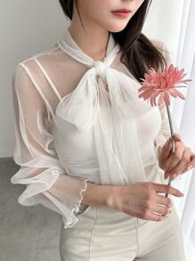 FRIFUL 女式纯色系带透明网眼喇叭袖优雅衬衫，春夏季，荷叶边长袖上衣