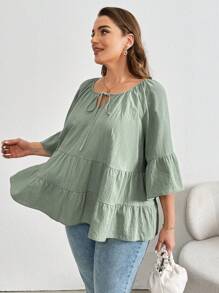 SHEIN Essnce Ropa de verano de talla grande: camisa verde, linda camisa de verano, ropa de otoño, ropa para niñas preadolescentes, ropa para maestras, camisetas divertidas, top de lino, lindos tops de verano, top de manga larga para mujeres, blusas para mujeres, lindos tops para ropa escolar, ropa de otoño boho - Verde militar - Ver 3