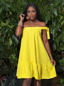 Slaydiva 夏季休閒度假單肩蝴蝶結A字褶邊寬鬆黃色短裙女裝 - 黃色 - 查看 4