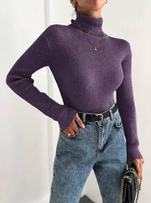 SHEIN Cottnline Women'S Slim Fit Turtleneck Sweater - Purple - View 4