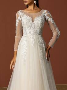 Women Modest Sequin Embroidery Mesh Long Sleeve Plain Wedding Dress For Bride, Wedding - White - View 8