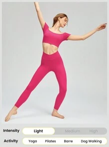 GLOWMODE FeatherFit™離肩短款T恤，輕度支撐瑜伽工作室健身日常運動 - 熱帶粉紅色 - 查看 5