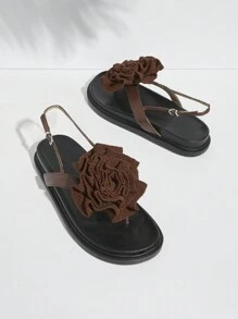 SHUZIA 女式假期花裝飾厚底後繫帶平底柔軟沙灘涼鞋 - 巧克力棕 - 查看 1