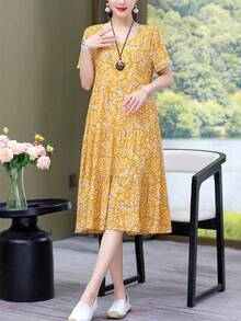 New Casual Mid-Length Loose-Fitting Printed Dress For Women, Stylish For Summer Vacation - 黃色 - 查看 2