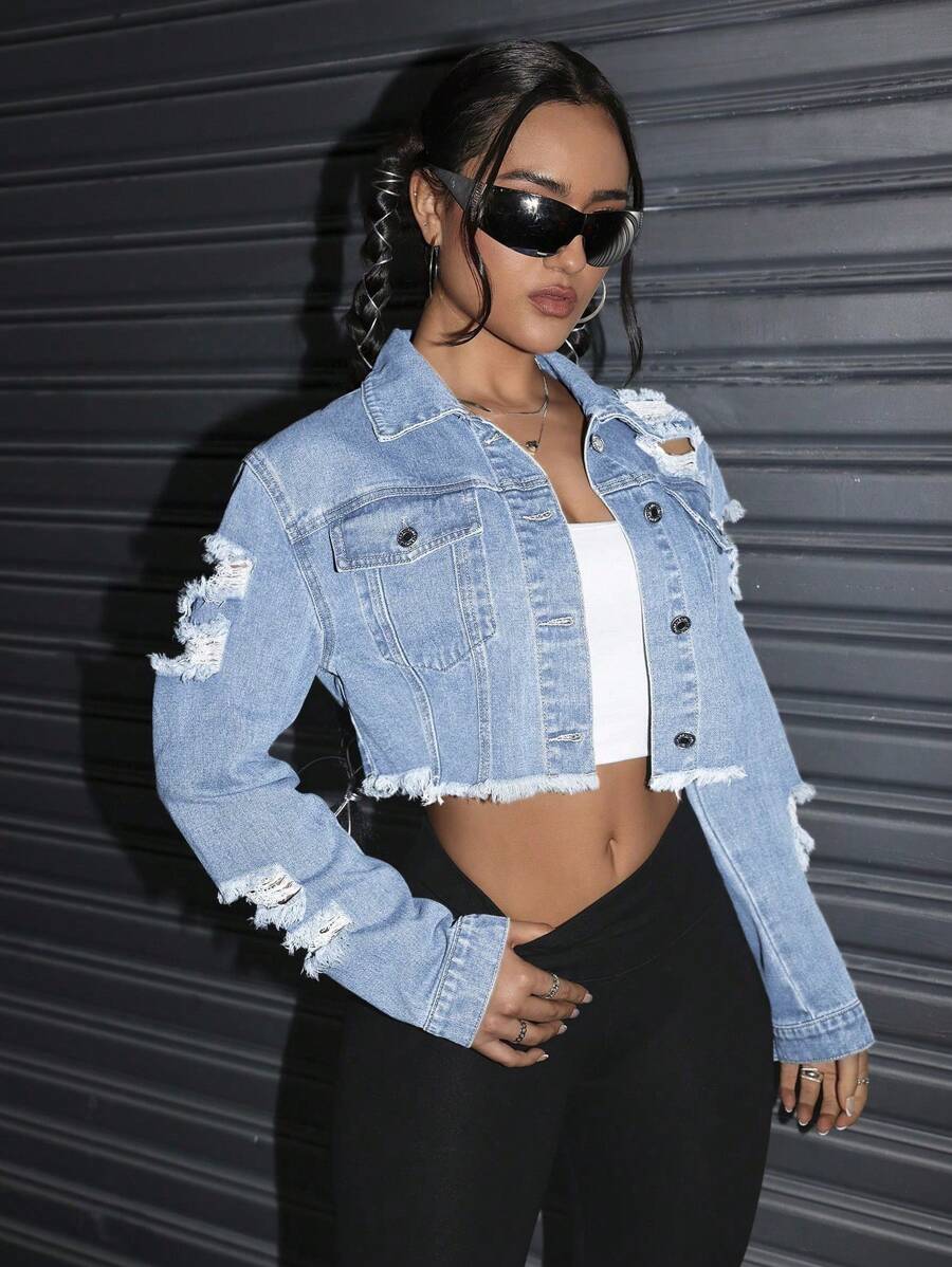 Jeanoix Casual Distressed Washed Raw Edge Cropped Denim Jacket - Light Wash - View 1