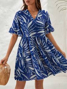 EURMUSE Rochie de vară cu imprimeu peste tot, cu mâneci cu volane - Albastru - Vizualizare 4
