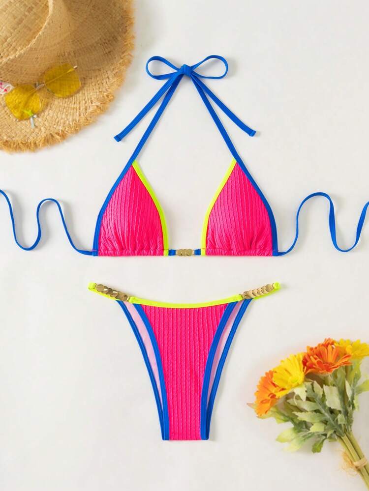 Women's Summer Beach Contrast Neon Trim Halter Neck Tie Sexy Bikini Set Bathing Suit