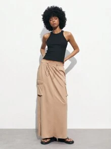 Maija Women Casual Drawstring Waist Practical Pocket Design Skirt - Grey - View 3