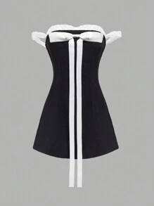 SHEIN Unity Mujeres Vestido con hombros descubiertos, detalles de lazo de encaje contrastante - Negro - Ver 1