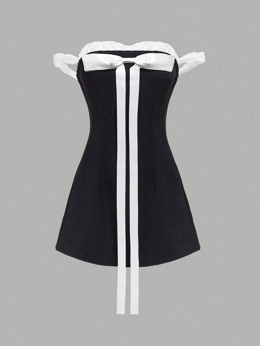 SHEIN Unity Mujeres Vestido con hombros descubiertos, detalles de lazo de encaje contrastante - Negro - Ver 1