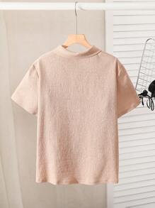 SHEIN Camisa tejida casual de manga corta para niño preadolescente de talla extendida con bolsillo de parche, etiqueta y cuello de solapa