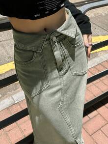 Women's Casual Fashionable Workwear High Slit Denim Skirt - Mint Green - View 8