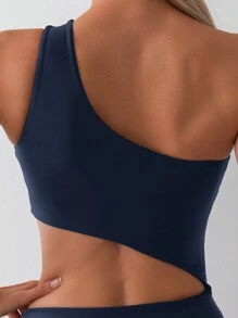 Swim Basics Ladies' Solid Color Asymmetrical Neck Hollow Out One-Piece Swimsuit For Vacation,Summer Beach - Navy Blue - View 5