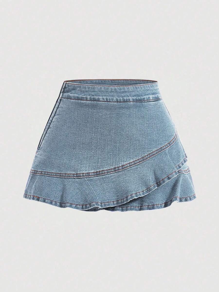 SHEIN MOD 女式不對稱搶眼荷葉邊修飾牛仔裙 - 淺色水洗藍 - 查看 1