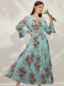 Modelyn Floral Print Ruffle Sleeves Summer Pleated Dress Maxi Women Outfit Long Evening Dresses Fall Cloth For Women - Blue - View 3