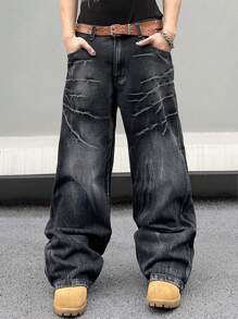 Manfinity EMRG 男士拉链阔腿牛仔裤，纯色长款深色牛仔裤，超大号黑色洗水工装牛仔裤，适合送给丈夫、男朋友的礼物，适合外出聚会、通勤、街头迪斯科、摇滚风 - 黑色 - 查看 7