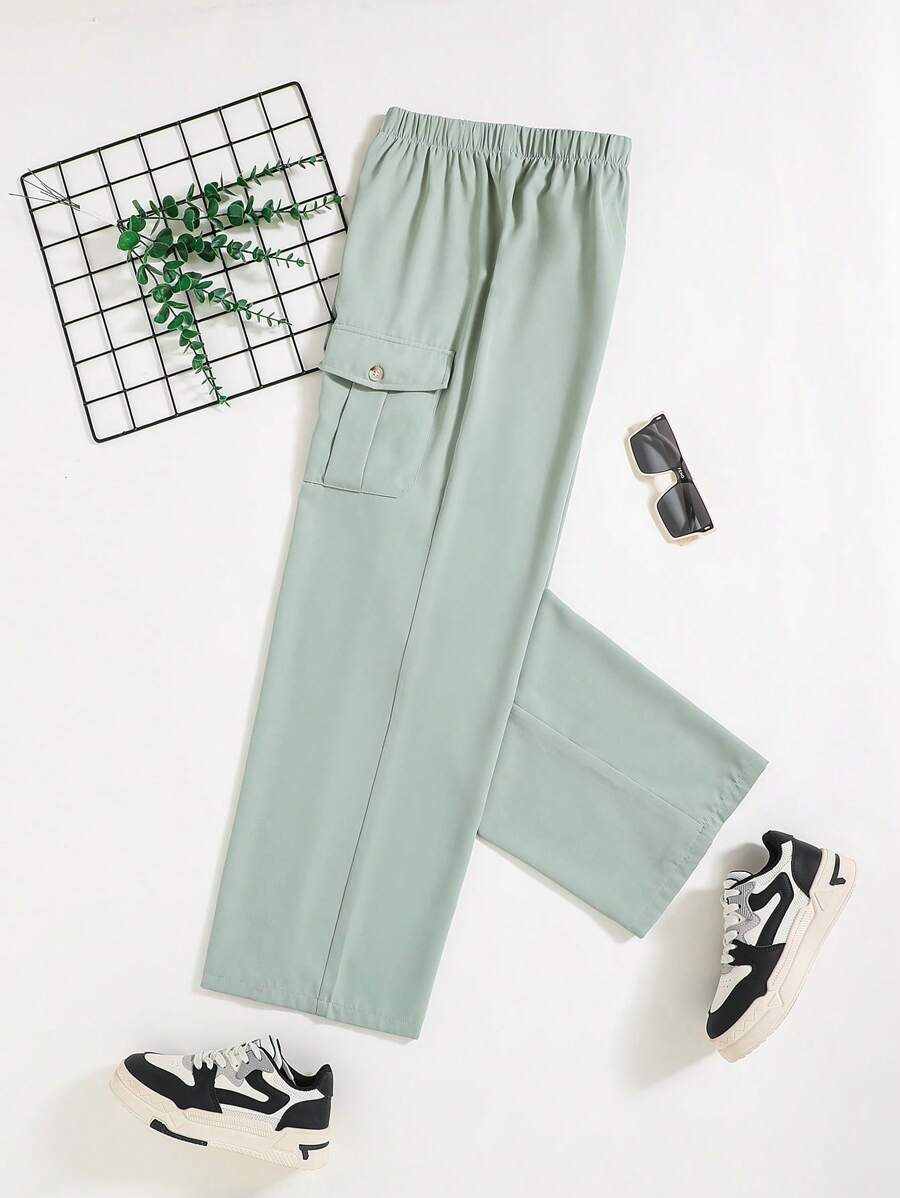 SHEIN 春季夏季青少年男孩實用款休閒褲，裝飾口袋設計 - 綠色 - 查看 1