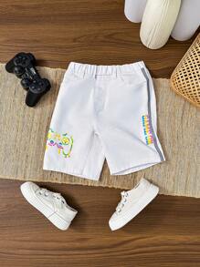 SHEIN Young Boy Stylish Casual Comfort Baggy Denim Lettering And Game Print With Side Reflective Strip Design For Boys Shorts For Vacation And Dailywear - White - View 1